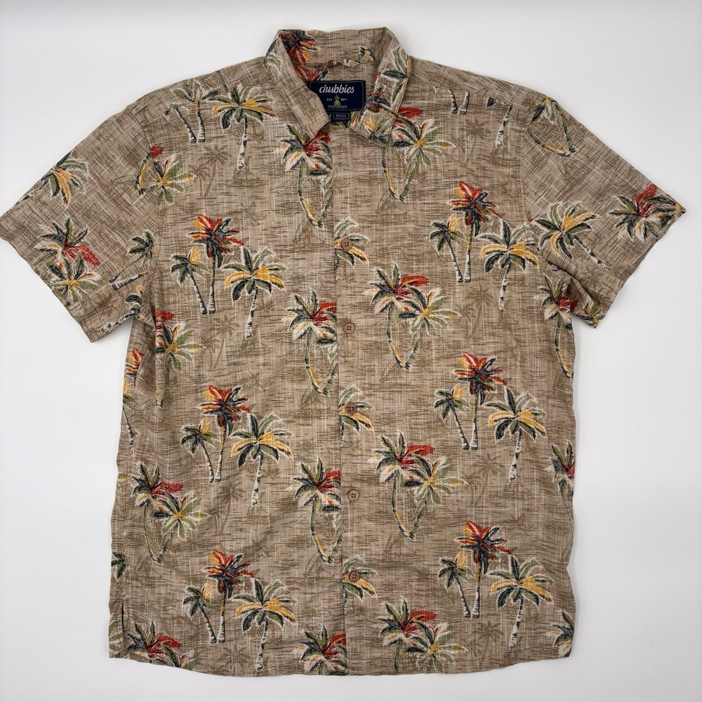 Chubbies Dad Fit Mens Medium Short Sleeve Button Up Palm Tree Tropical Shirt Tan